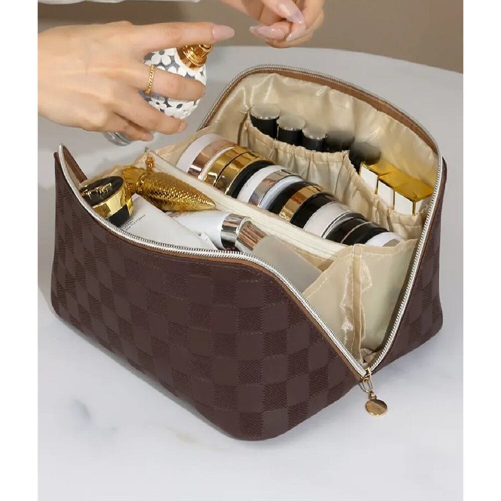Brown Checker Quilted Cosmetic Bag with Top Handle